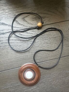 Brown Wood Circle Pendant Necklace with Black Cord
